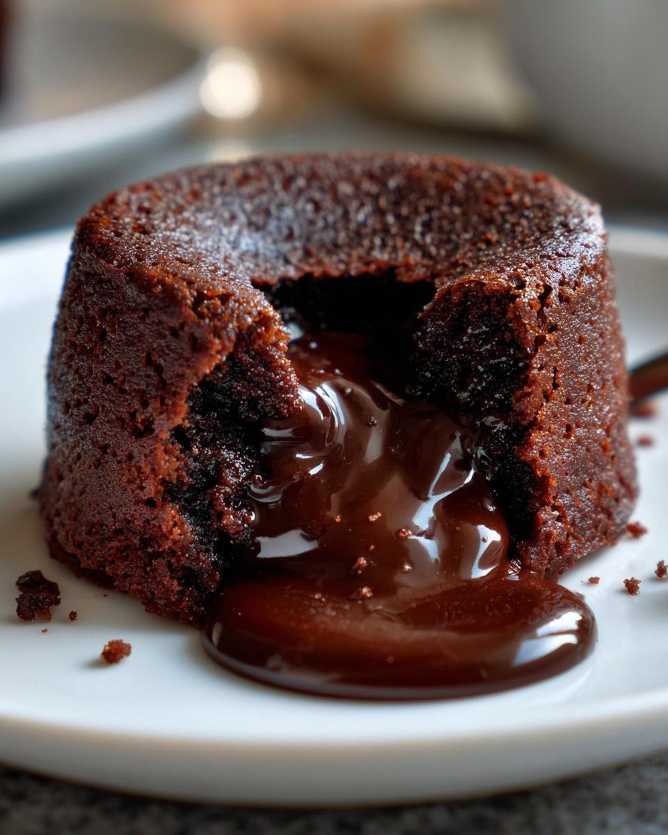 Close-up of a freshly baked chocolate lava cake with its molten center oozing out onto a white plate.