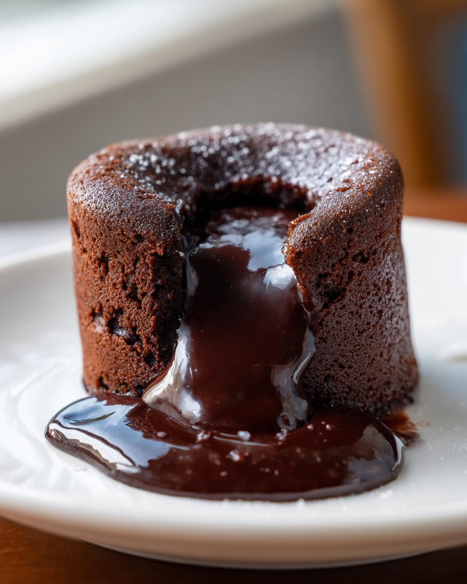 Close-up of a warm chocolate lava cake with molten center oozing onto a white plate, dusted with powdered sugar.