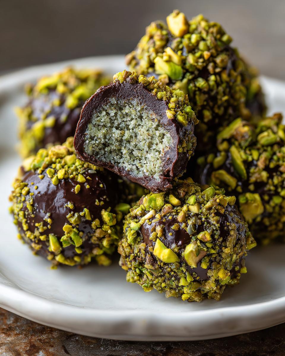 A stack of decadent dubai chocolate balls coated in dark chocolate and crushed pistachios, one is cut open showing the light green filling.