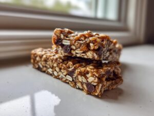 Two stacked, chewy no bake granola bars featuring oats and visible chocolate chips, set near a bright window.