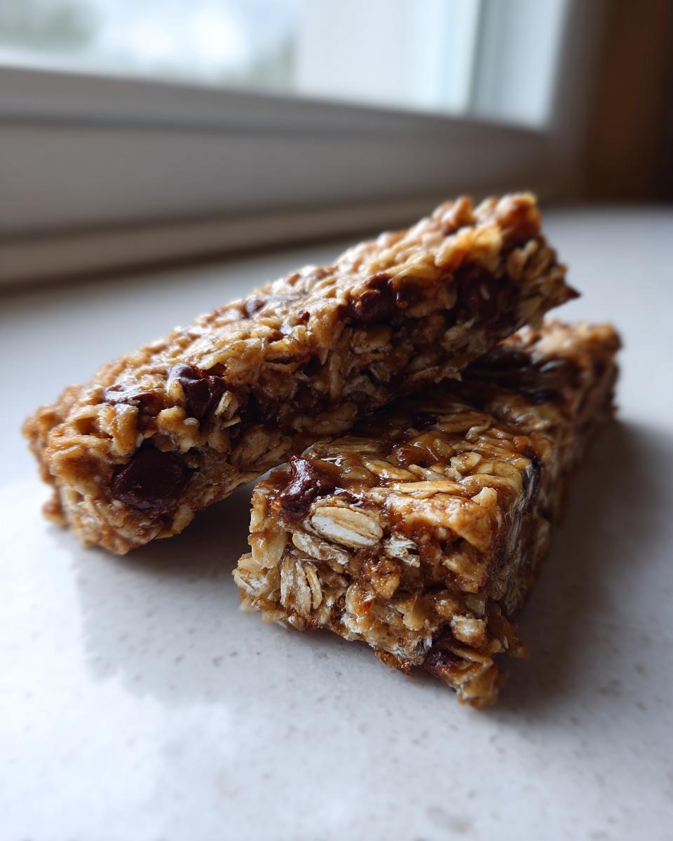 Two homemade no bake granola bars stacked slightly, showing oats and visible chocolate chunks.