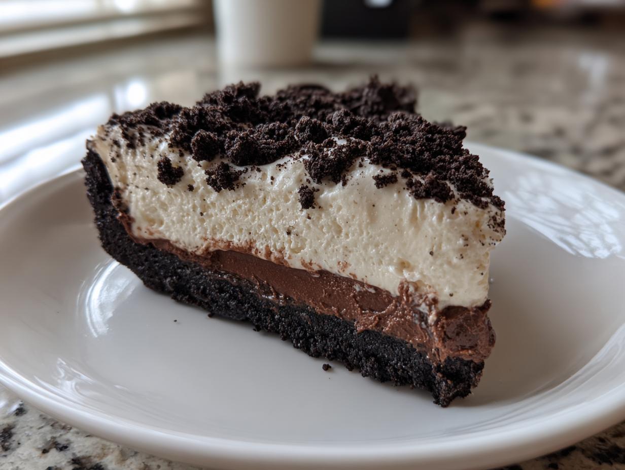 A close-up slice of no bake Oreo pie showing a dark crust, chocolate layer, white cream layer, and crushed Oreo topping.