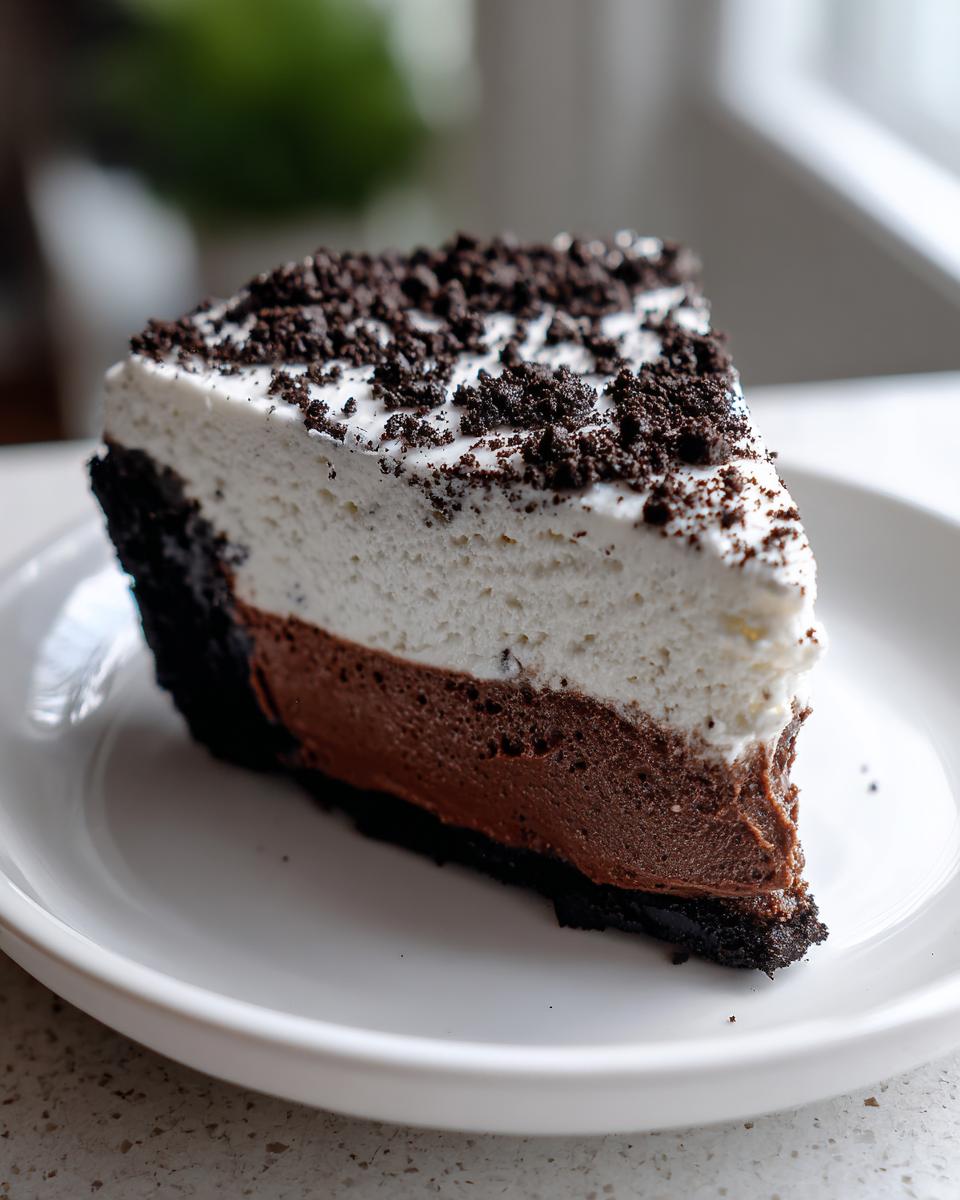 A perfect slice of no bake Oreo pie showing a dark crust, chocolate filling, white cream layer, and crushed cookie topping.