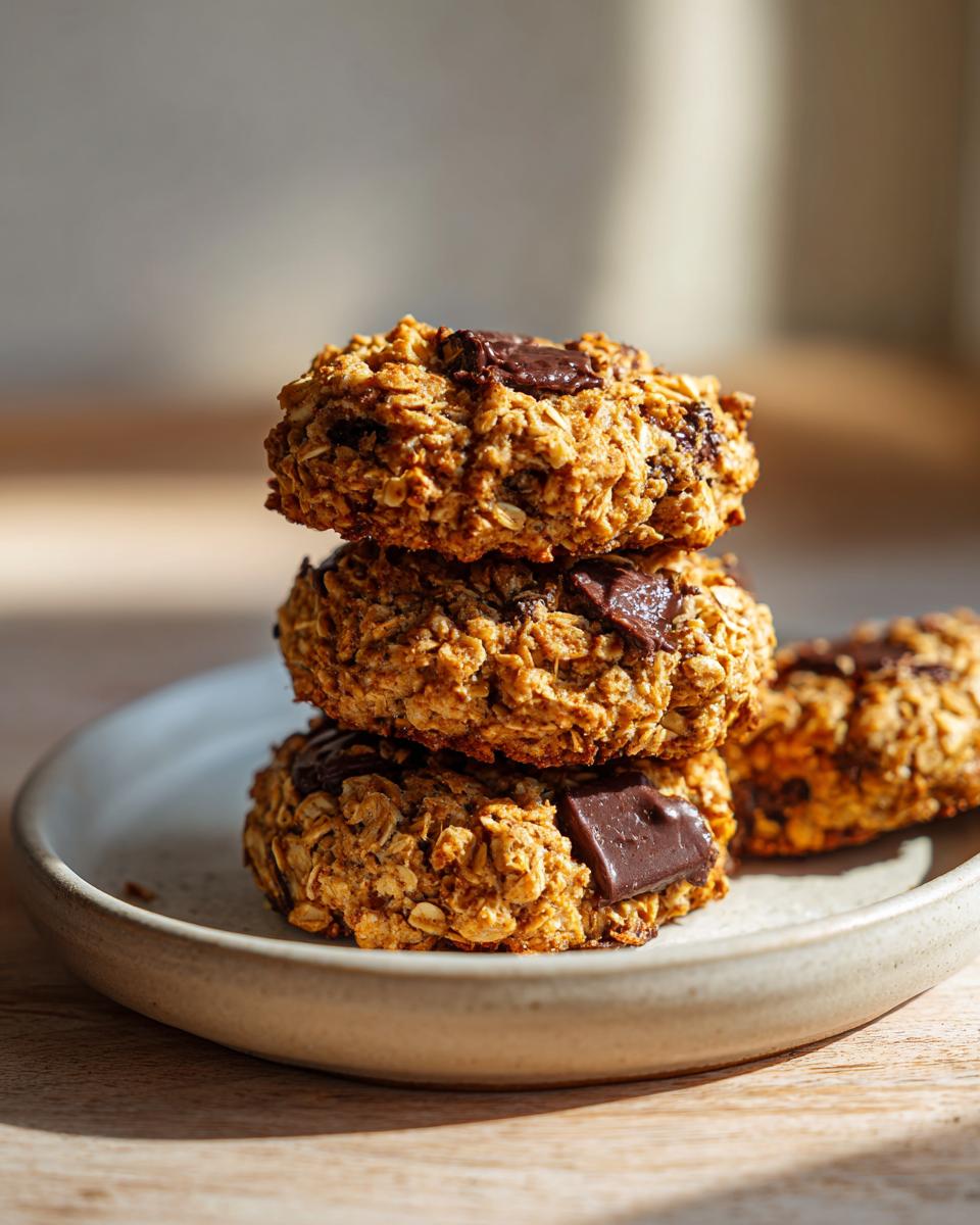 Three stacked, hearty oatmeal breakfast cookie treats topped with melted chocolate chunks on a light plate.