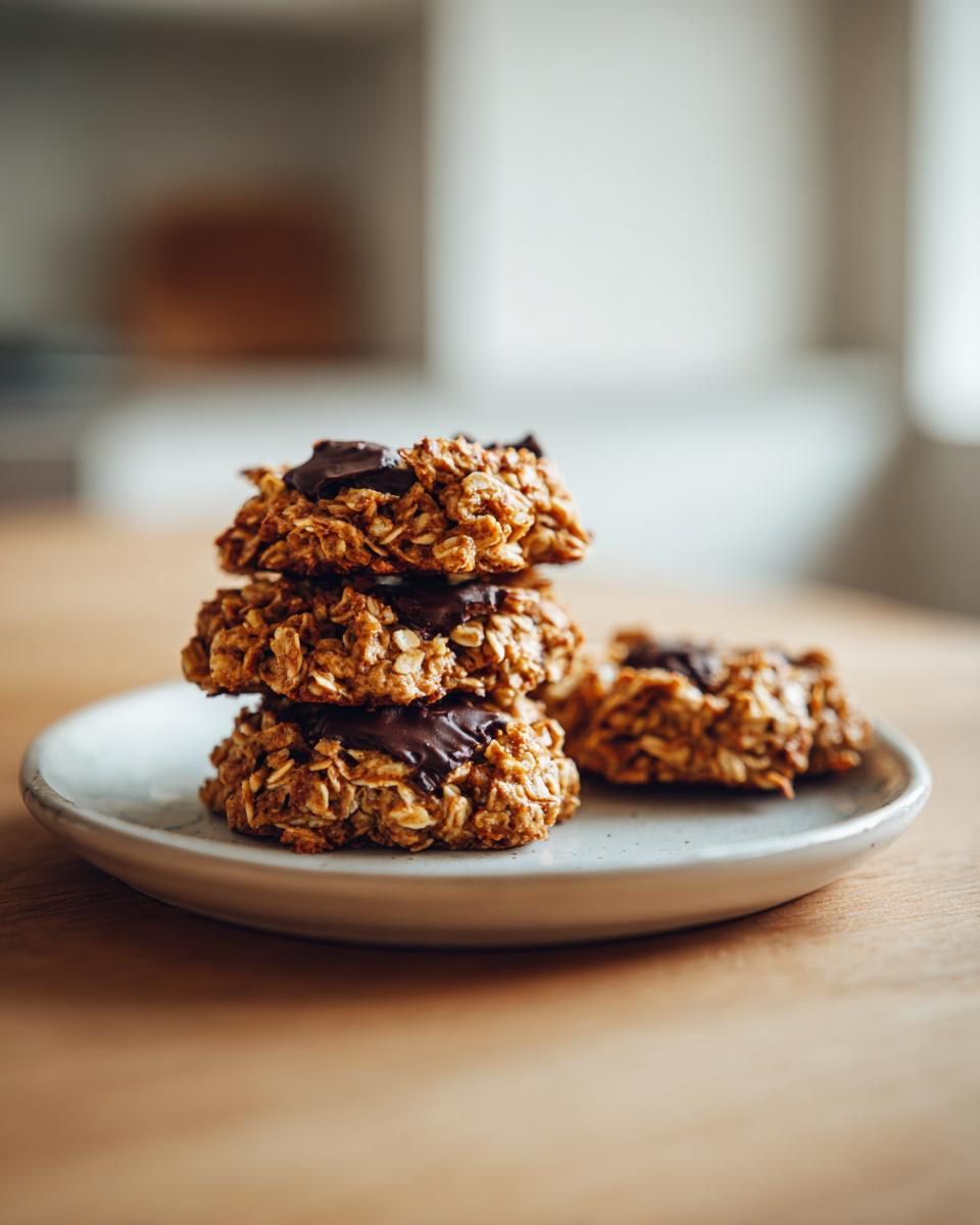 Three oatmeal breakfast cookie treats stacked on a small plate, topped with melted chocolate.