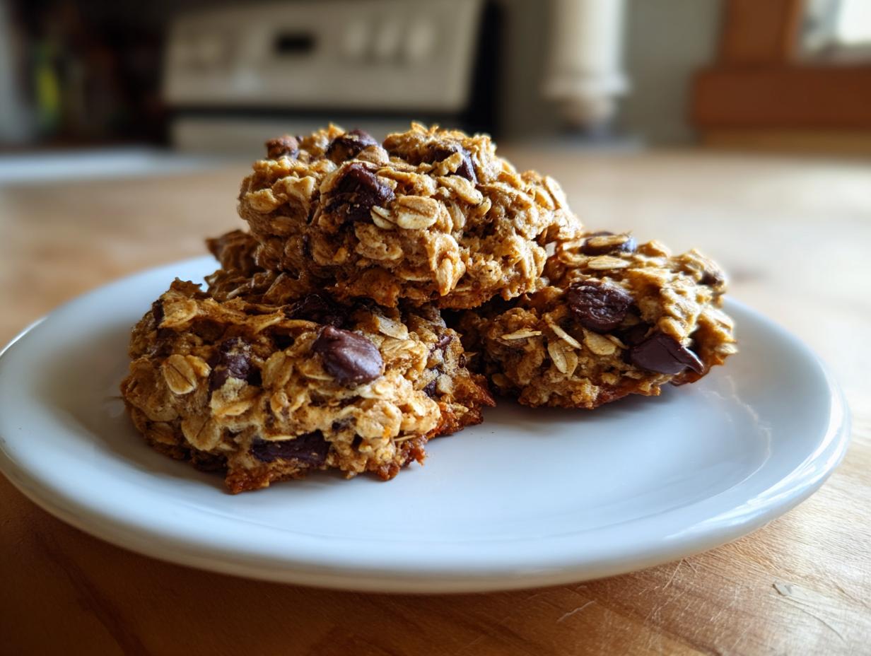 A stack of three hearty oatmeal chocolate chip breakfast cookie treats on a small white plate.