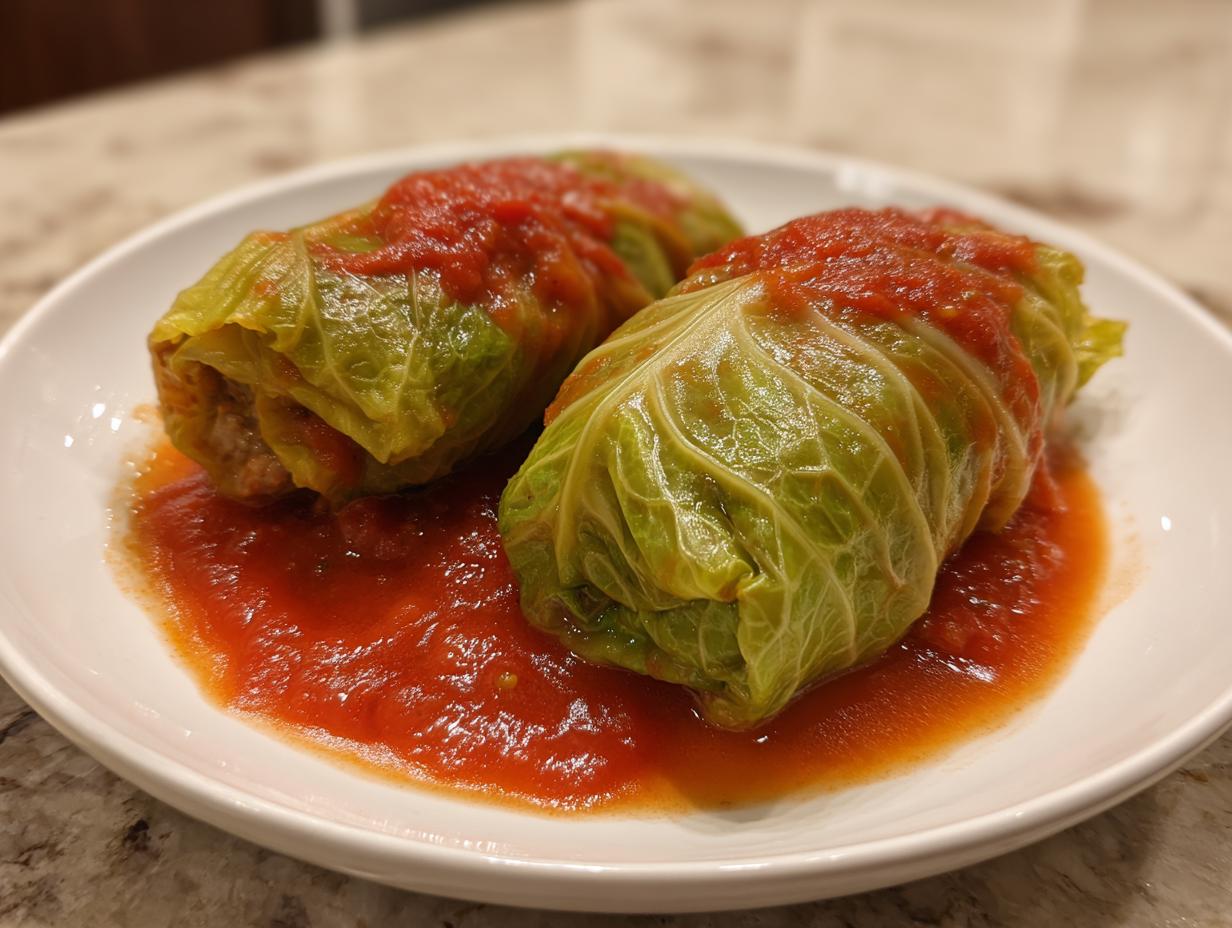 Two finished cabbage rolls served on a white plate, generously covered in bright red tomato sauce.