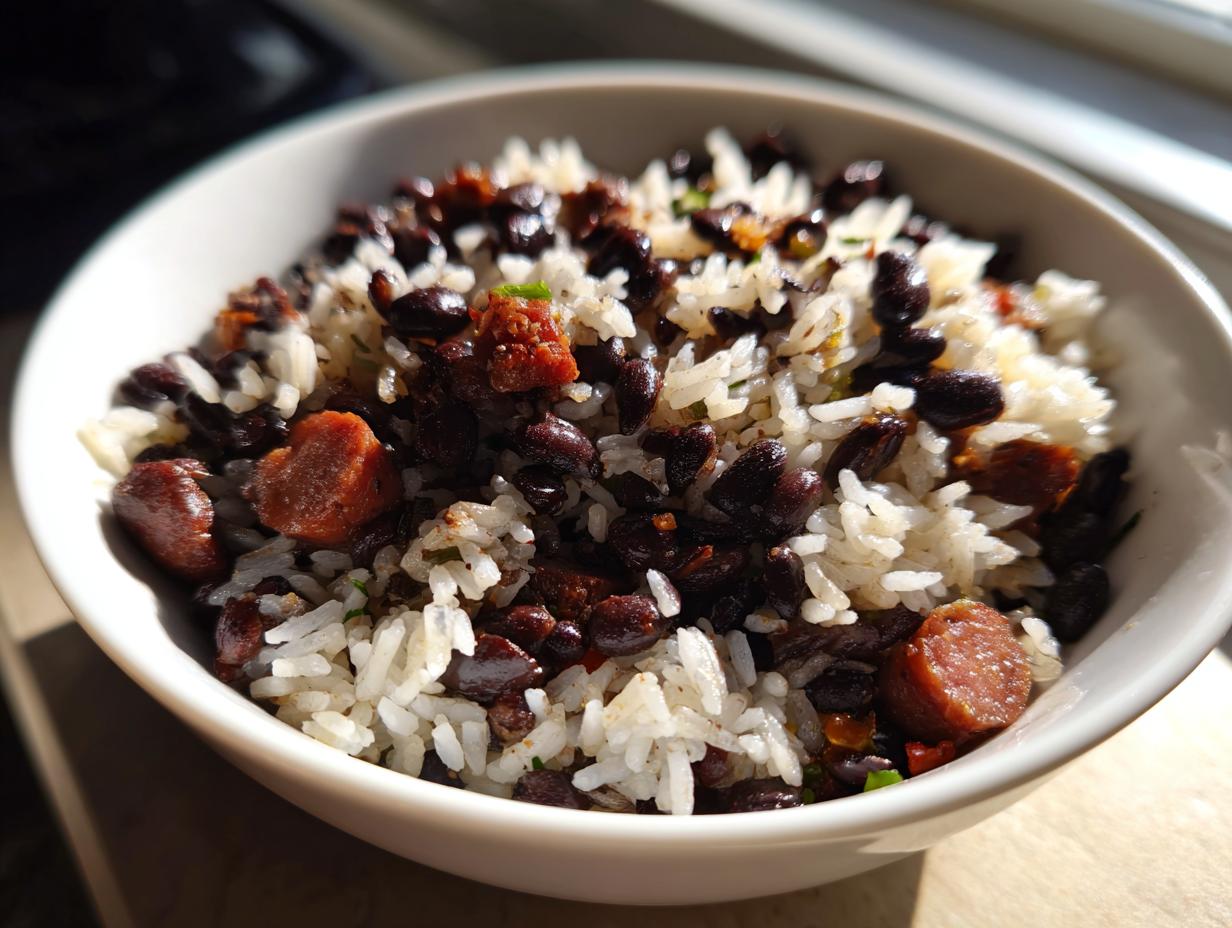 Close-up of a white bowl filled with fluffy white rice mixed with dark black beans and slices of smoked sausage, ready to eat.