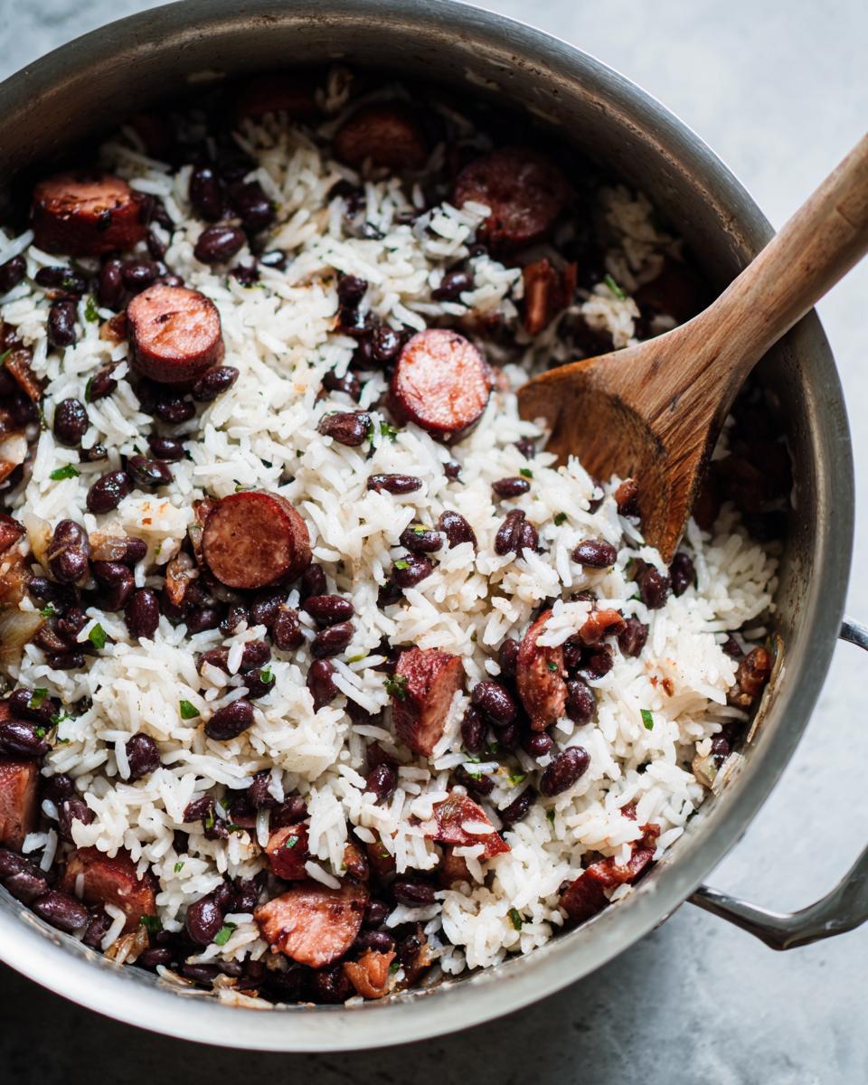 Close-up of one-pot black beans and rice mixed with sliced smoked sausage, being stirred with a wooden spoon.