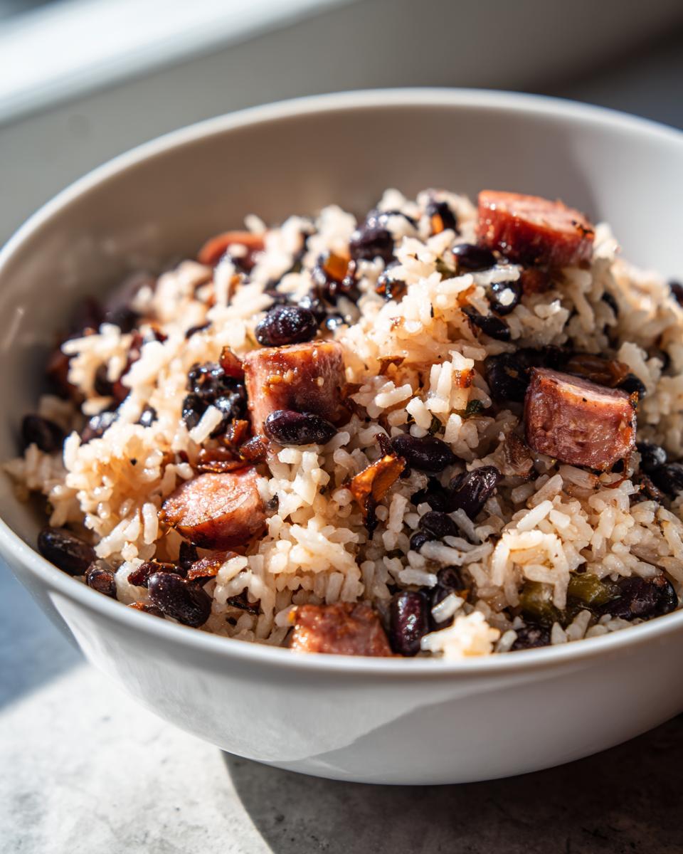 Close-up of a white bowl filled with savory black beans and rice mixed with chunks of smoked sausage.
