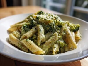 Close-up of creamy broccoli pasta made with penne, coated in a light green sauce and topped with grated cheese.