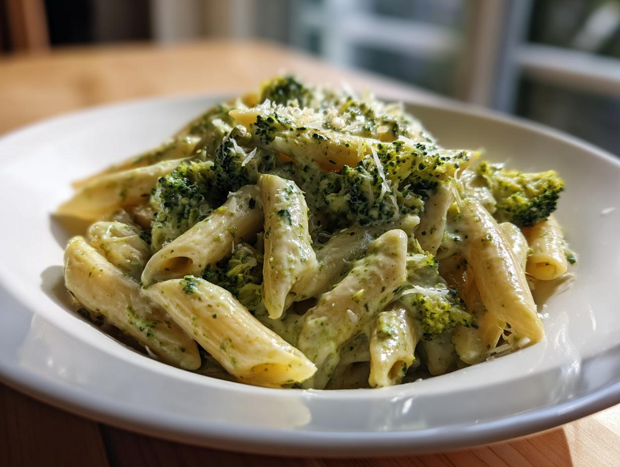 Close-up of creamy broccoli pasta made with penne, coated in a light green sauce and topped with grated cheese.