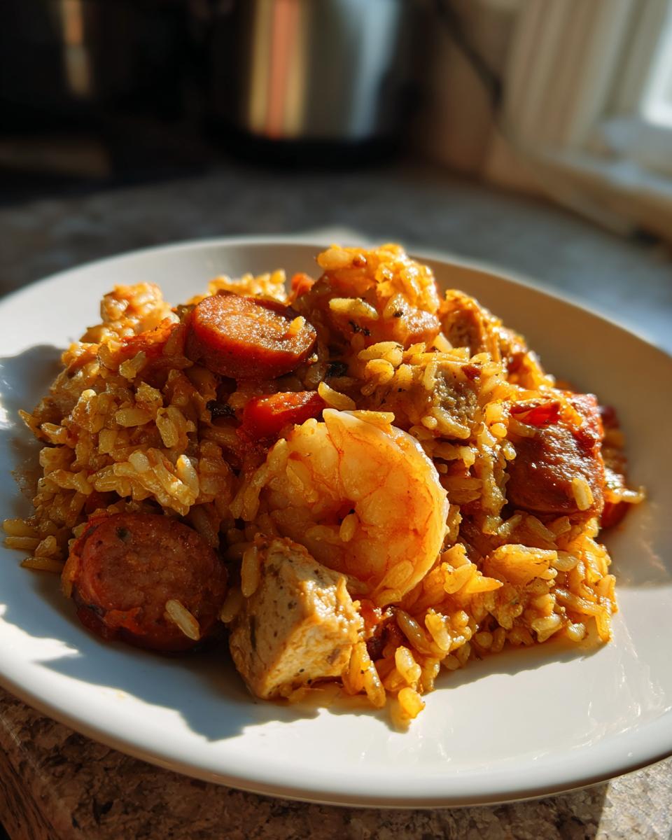 A close-up serving of rich, orange-hued jambalaya featuring shrimp, sausage, and chicken pieces.