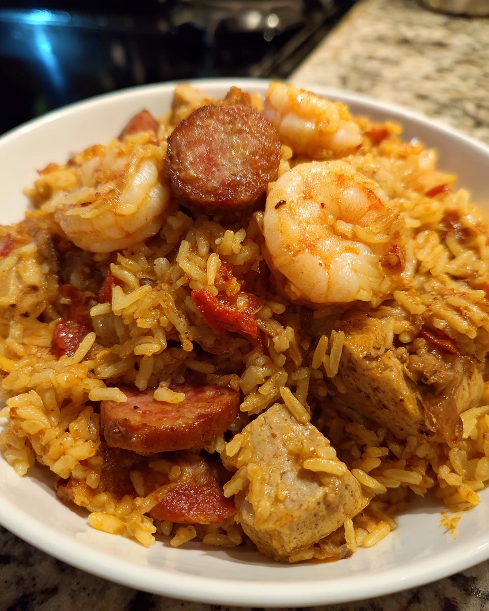 A close-up of a white bowl filled with flavorful, seasoned jambalaya, topped with shrimp, andouille sausage, and chicken pieces.