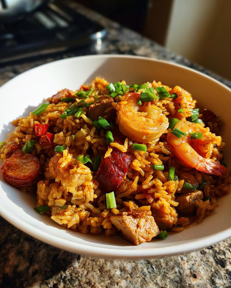 A white bowl filled with savory, golden-brown jambalaya featuring shrimp, sausage, and chicken, topped with fresh green onions.