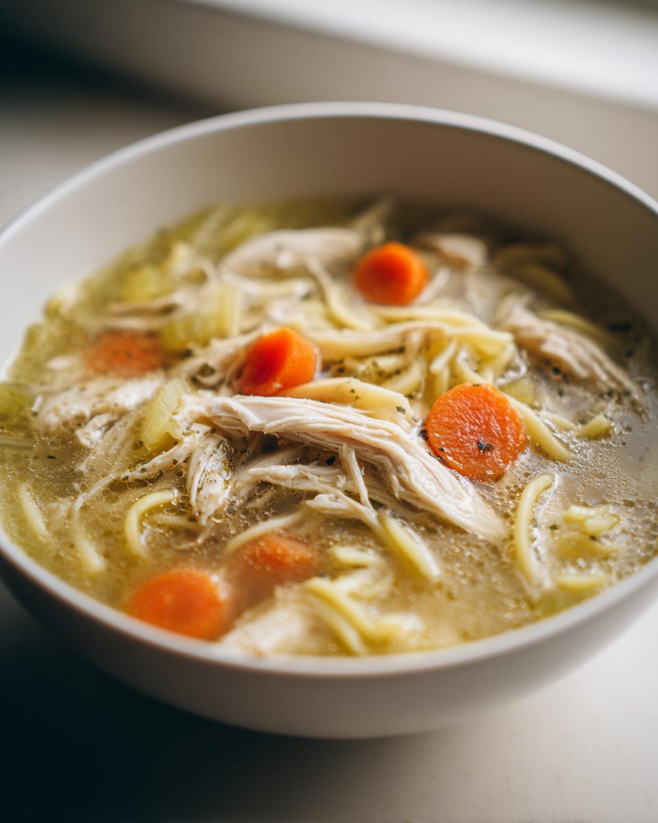 Close-up of a white bowl filled with rich turkey soup, featuring shredded turkey, egg noodles, and bright carrot slices.