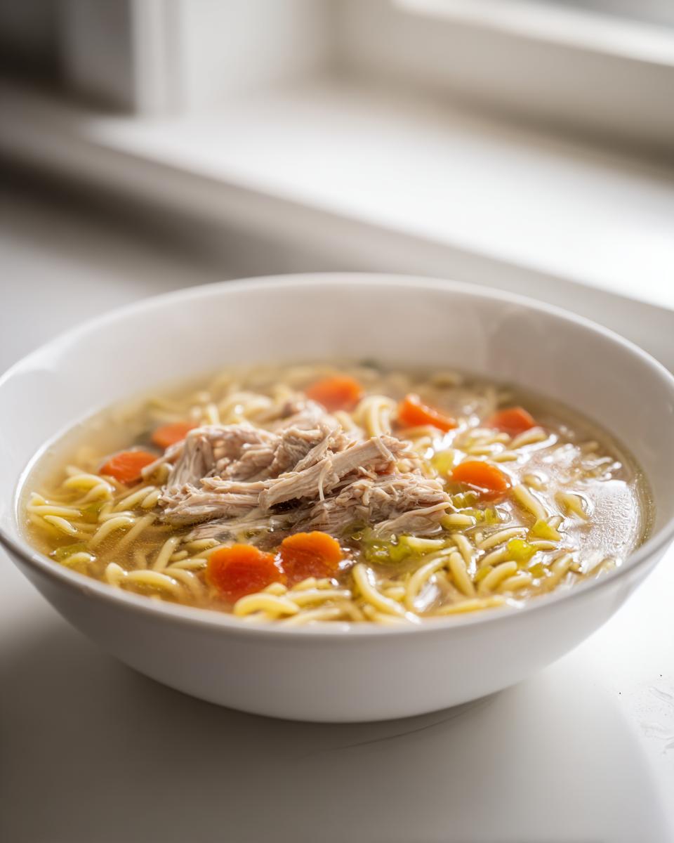 A close-up of a white bowl filled with steaming turkey soup, featuring shredded turkey, egg noodles, and bright orange carrot slices.