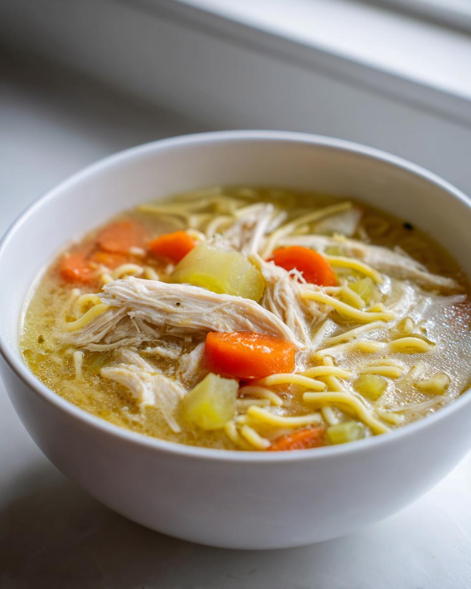 Close-up of a white bowl filled with homemade turkey soup, featuring shredded turkey, egg noodles, carrots, and celery in broth.