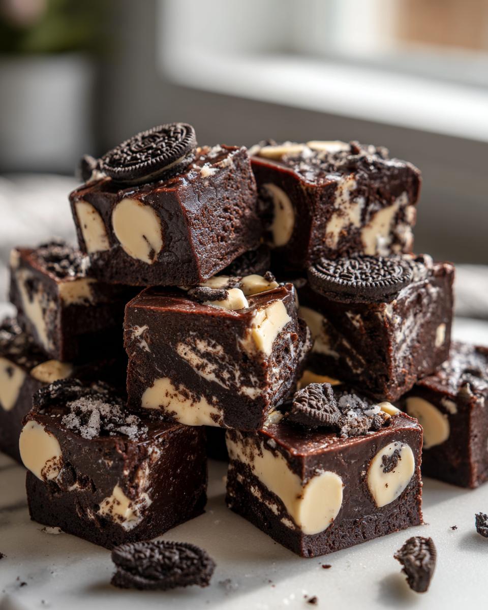 A tempting stack of rich, dark chocolate Oreo fudge squares featuring white cream centers and topped with mini Oreo pieces.