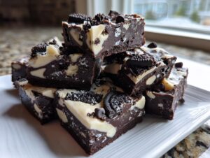 A stack of rich, dark chocolate and white swirled Oreo fudge squares topped with cookie pieces.