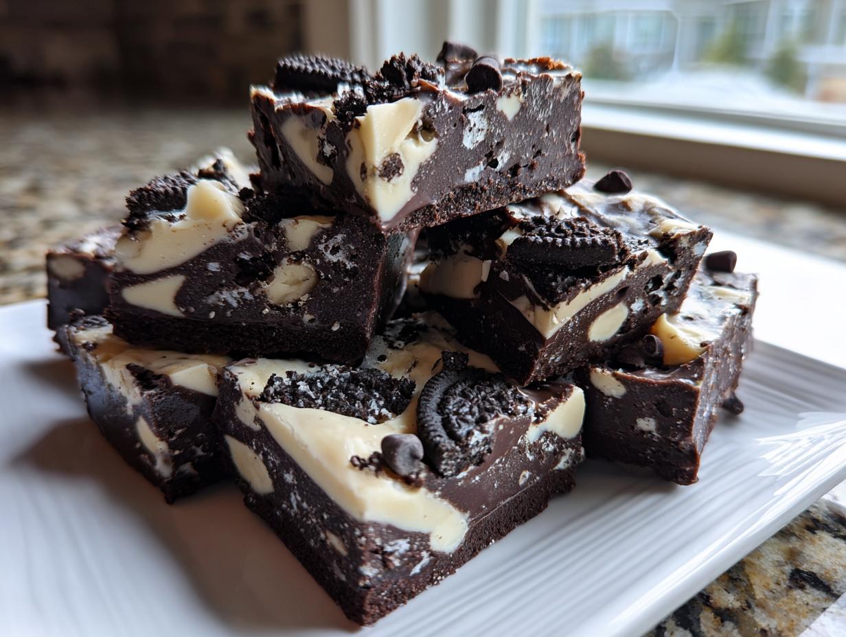 A stack of rich, dark chocolate and white swirled Oreo fudge squares topped with cookie pieces.