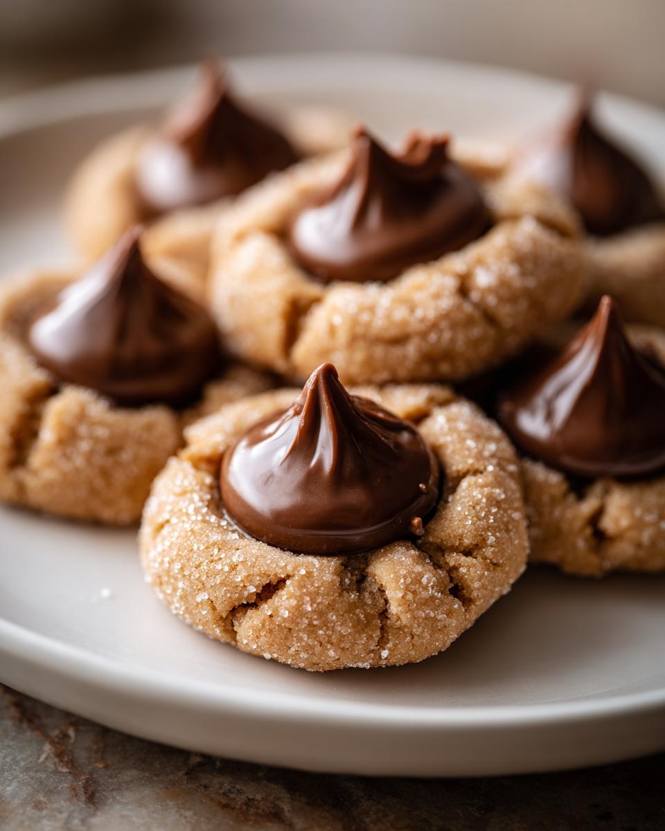A close-up of several sugar-coated peanut butter kiss cookies topped with melted chocolate kisses.