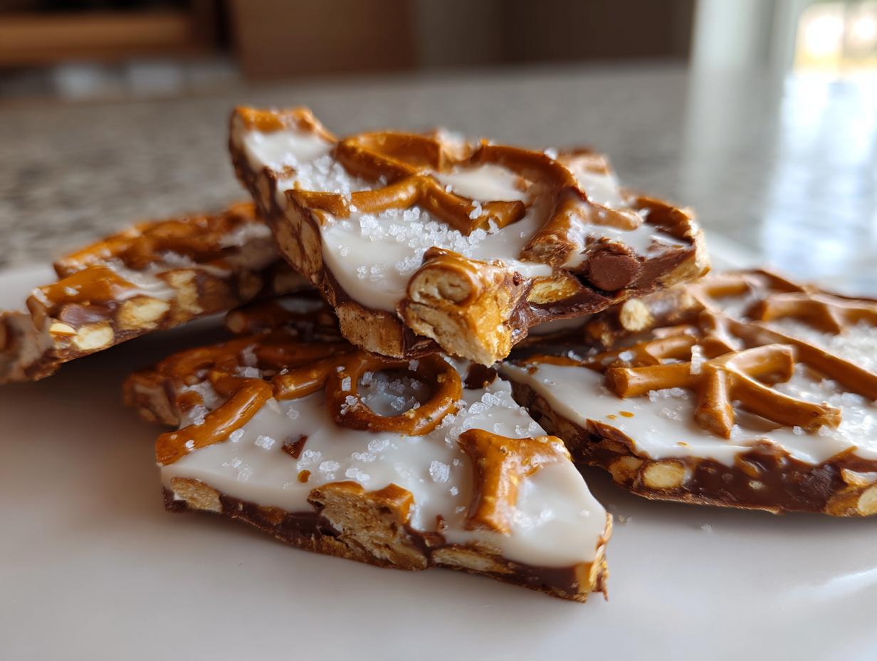 Pieces of homemade peanut butter pretzel bark topped with white chocolate and coarse sea salt.