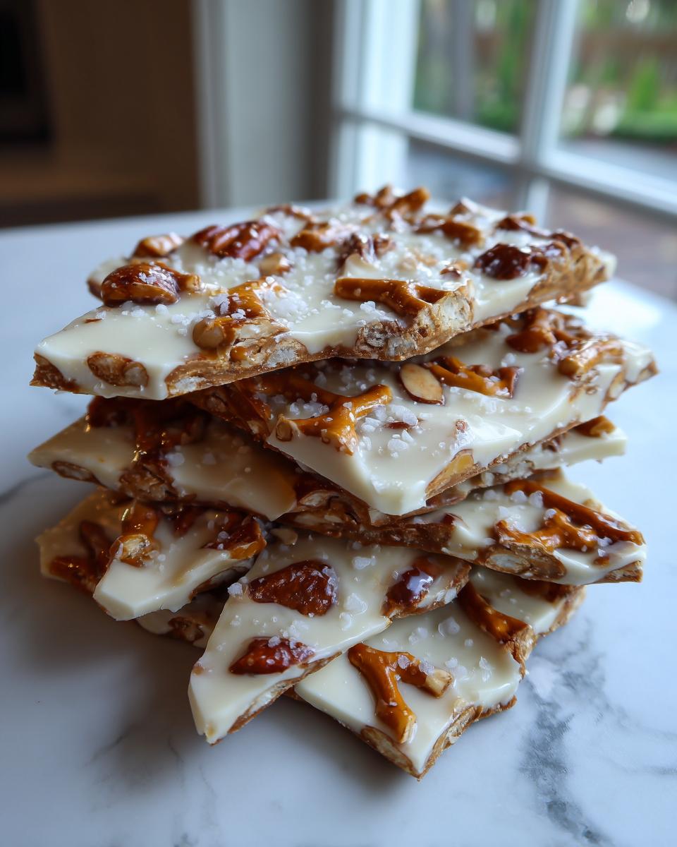 A stack of broken pieces of white chocolate peanut butter pretzel bark, topped with sea salt.