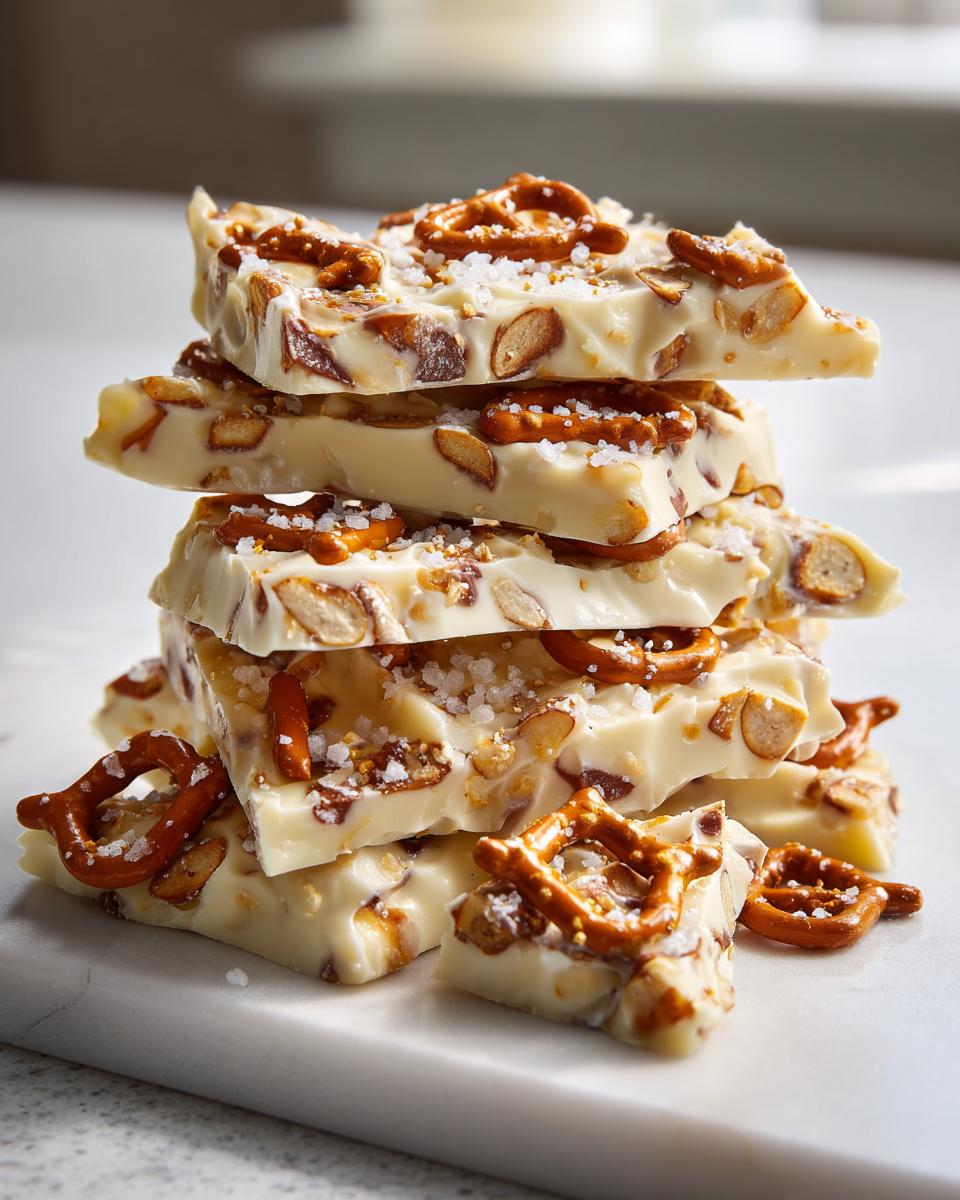 A stack of white chocolate peanut butter pretzel bark pieces topped with sea salt.