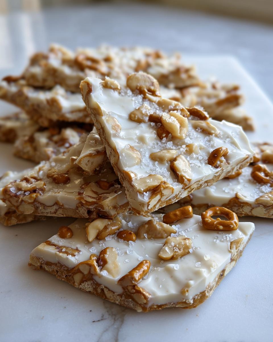Pieces of peanut butter pretzel bark topped with white chocolate, chopped peanuts, pretzel pieces, and sea salt.