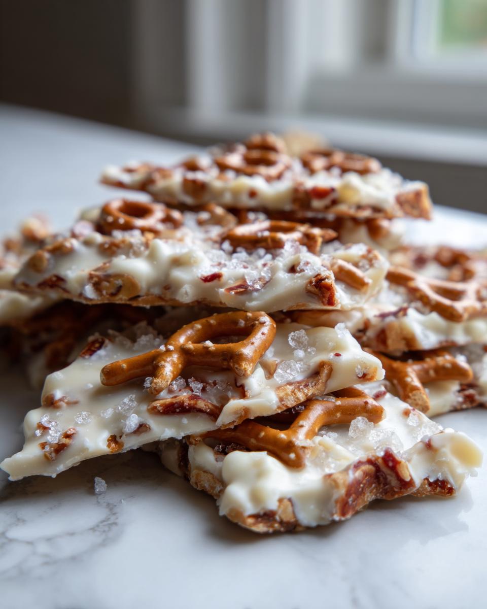 A stack of broken pieces of white chocolate peanut butter pretzel bark topped with sea salt.