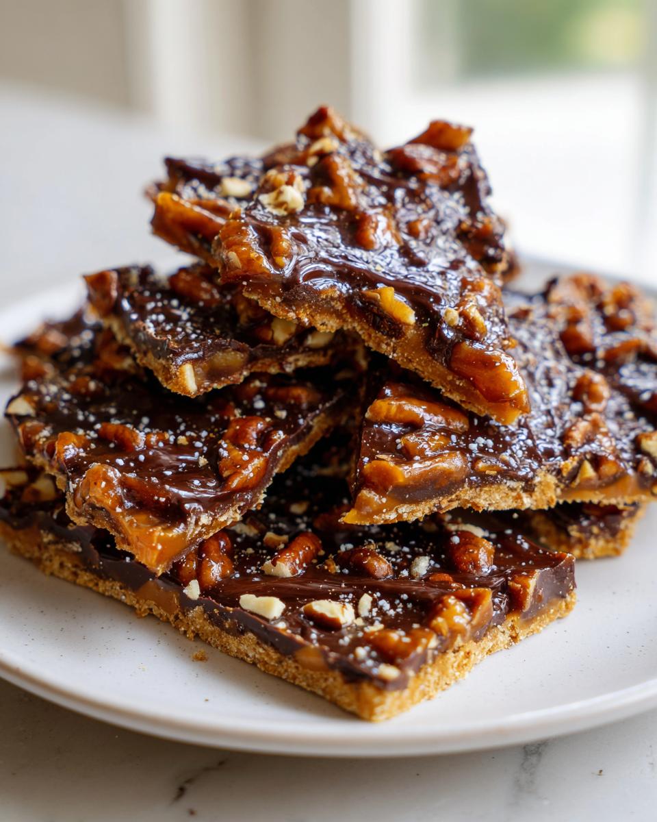 A stack of rich, glossy Pecan Pie Bark squares topped with pecans and sea salt on a light plate.