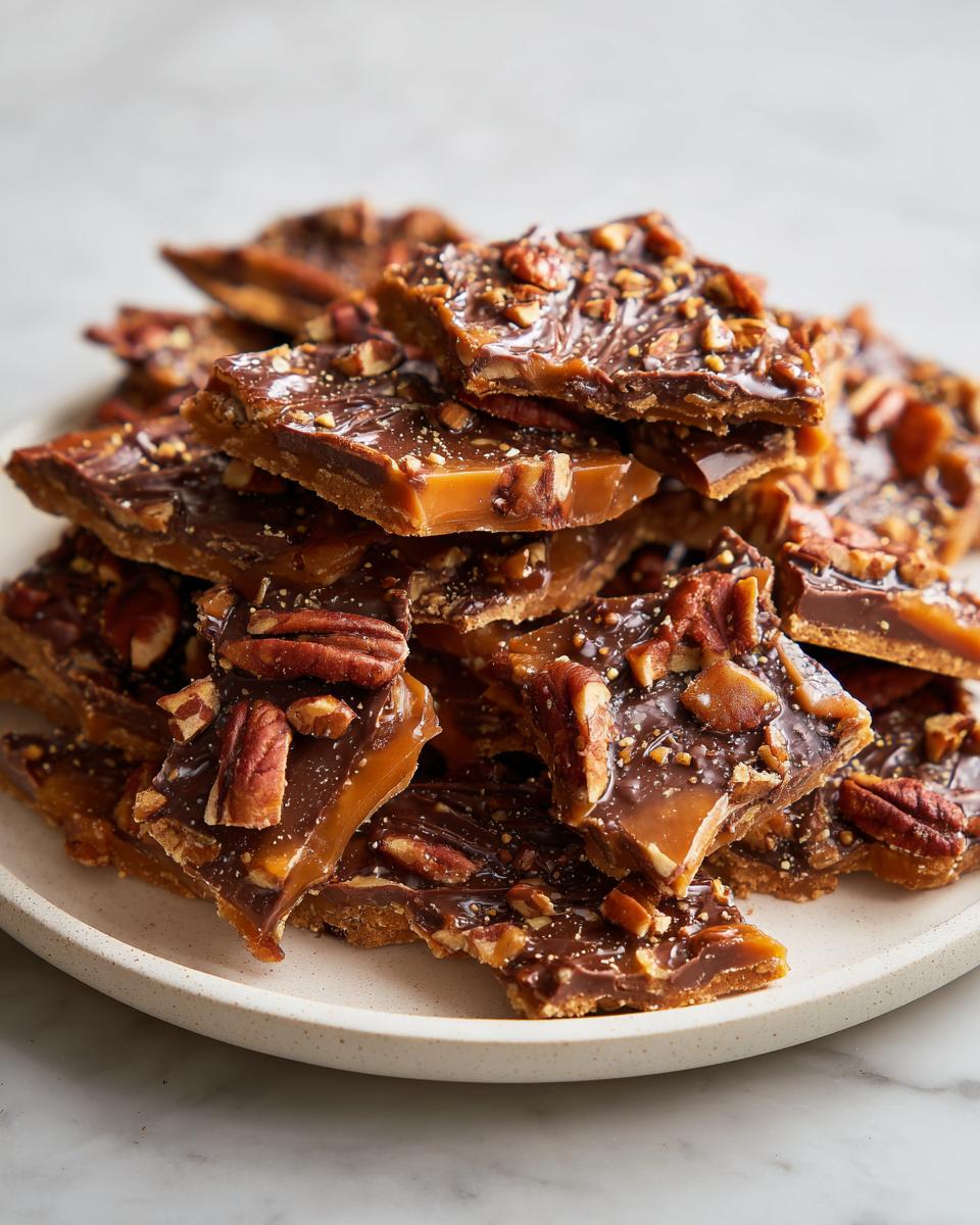 A close-up stack of broken pieces of homemade Pecan Pie Bark, featuring caramel, chocolate, and whole pecans.