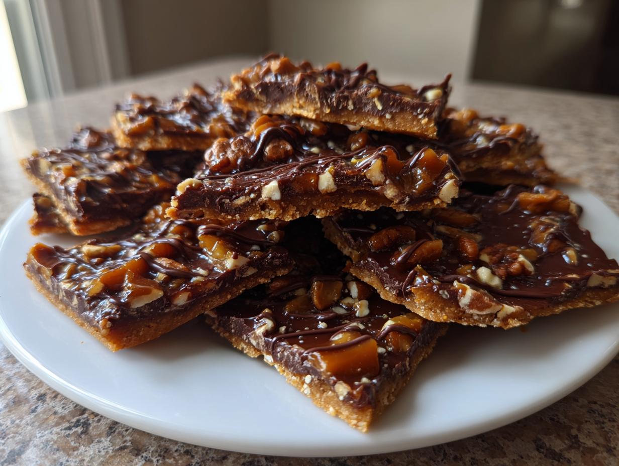 A stack of square-cut Pecan Pie Bark pieces topped with chocolate drizzle and pecans, served on a white plate.
