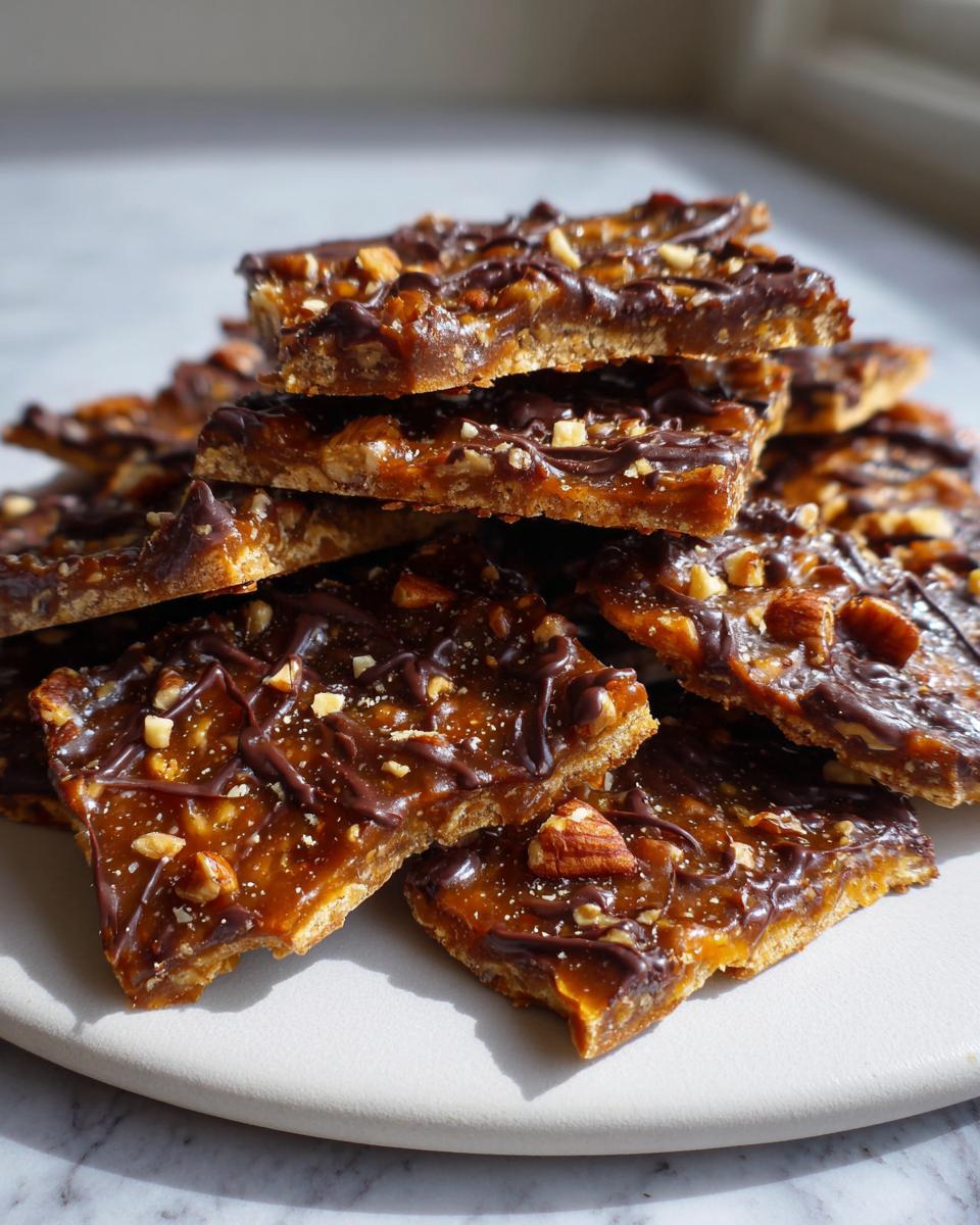 A stack of homemade Pecan Pie Bark squares featuring a caramel layer, nuts, and drizzled chocolate.