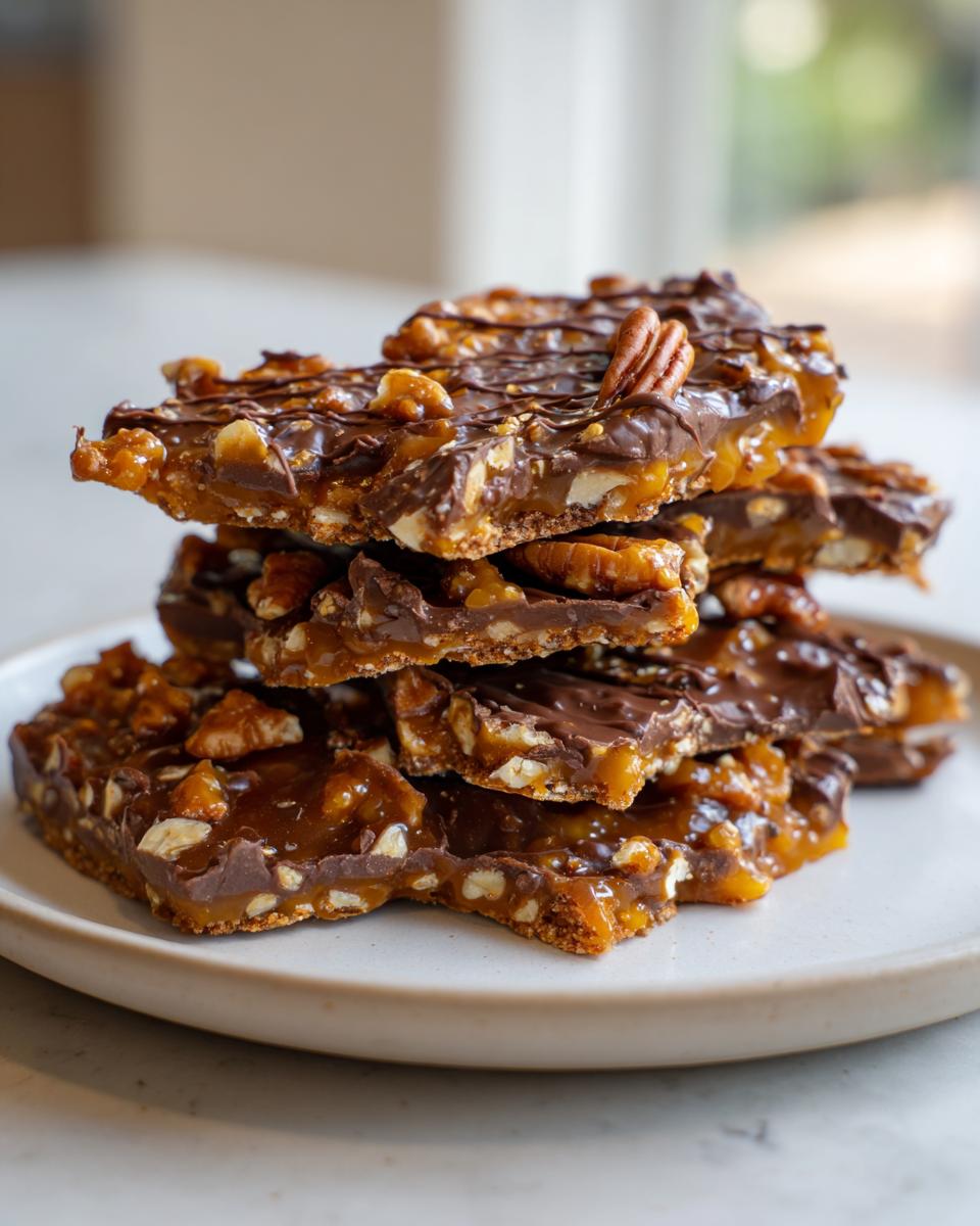 A stack of broken pieces of rich Pecan Pie Bark featuring caramel, pecans, and a chocolate drizzle.