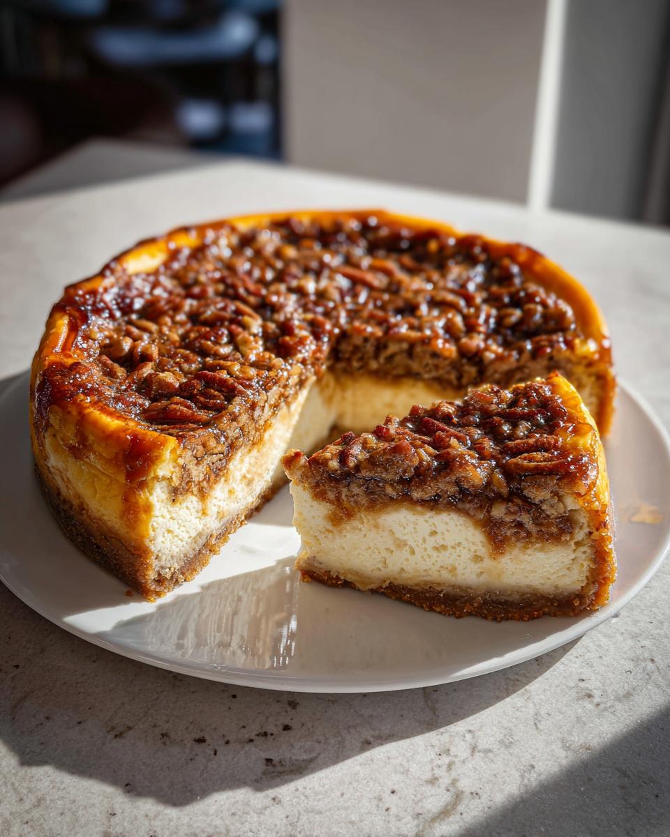 A rich slice of pecan pie cheesecake sits next to the whole dessert on a white plate, featuring a creamy layer and pecan topping.
