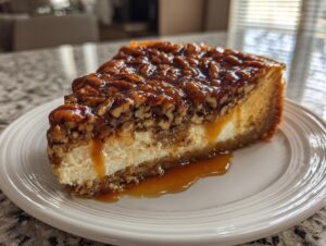 A close-up of a rich slice of pecan pie cheesecake topped with glossy pecans and caramel sauce.