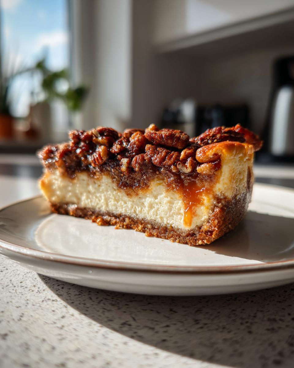 A decadent slice of pecan pie cheesecake with a thick pecan topping and caramel dripping down the side.
