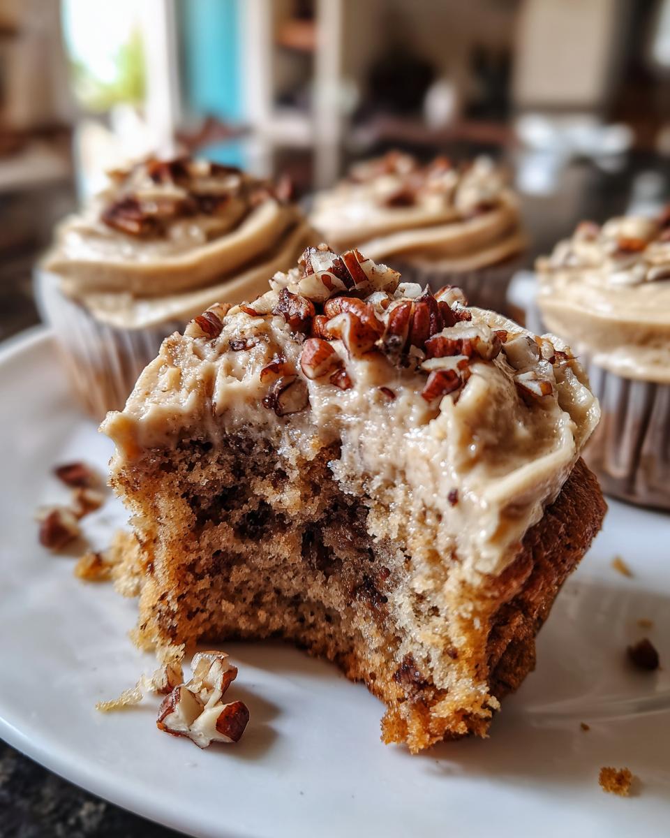 Close-up of a pecan pie cupcake with a bite taken out, showing the moist interior and pecan-topped frosting.