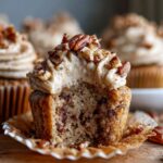 Close-up of a pecan pie cupcake cut in half showing the gooey center, brown sugar frosting, and chopped pecans on top.