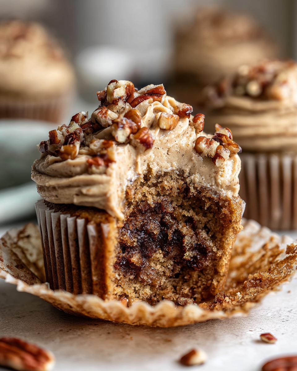 Close-up of a pecan pie cupcakes cut in half showing the gooey center, topped with brown frosting and chopped pecans.