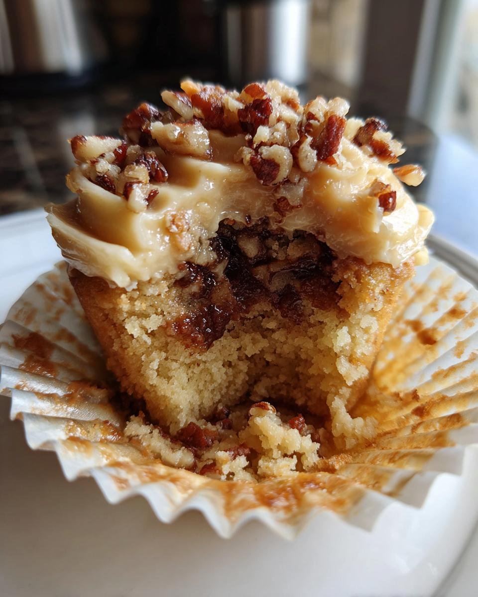 A close-up of a pecan pie cupcake with a bite taken out, showing the moist cake, gooey pecan filling, and caramel frosting topped with chopped pecans.