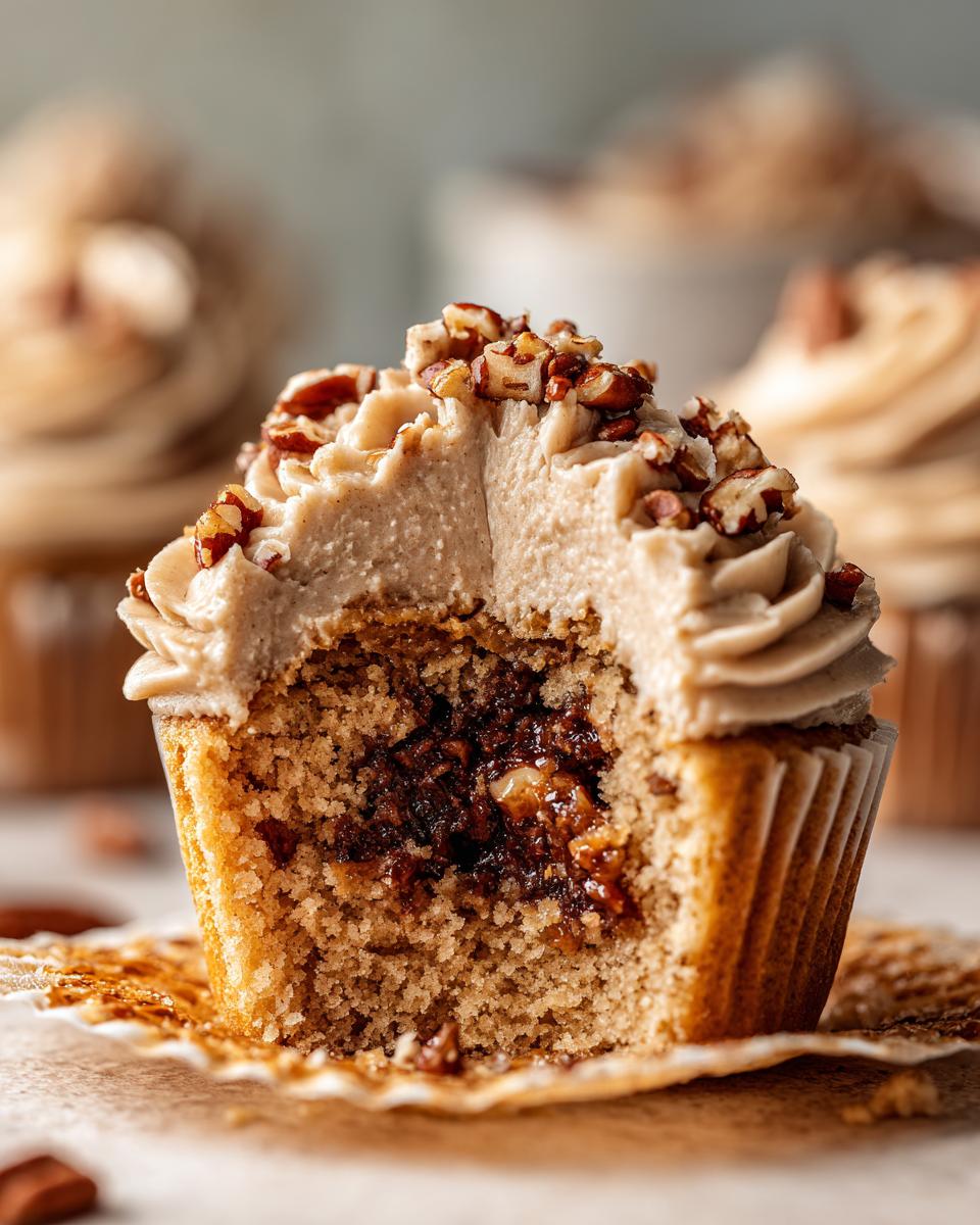 Close-up of a pecan pie cupcakes cut in half showing the gooey filling and pecan frosting.