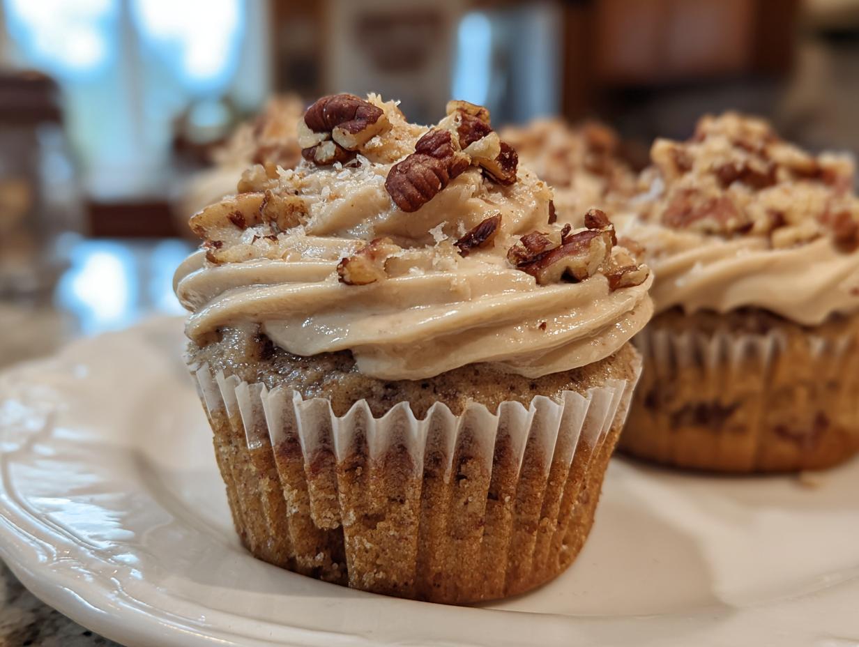 A close-up of a delicious pecan pie cupcake topped with brown sugar frosting and chopped pecans.