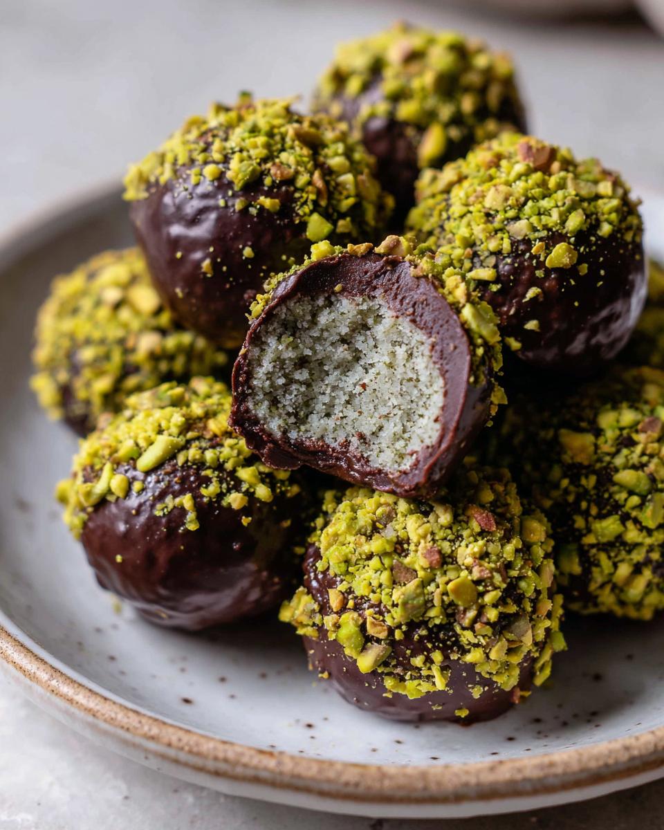 Close-up of several rich dubai chocolate balls dipped in dark chocolate and covered in chopped green pistachios, one is cut open.