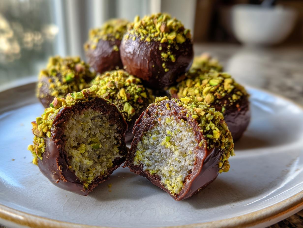 A pile of no-bake dubai chocolate balls dipped in dark chocolate and topped with crushed pistachios, one is cut open.