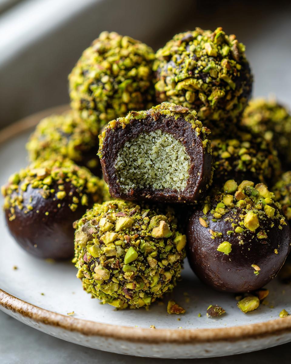 Close-up of several rich, dark chocolate dubai chocolate balls coated in chopped green pistachios, one cut open revealing a lighter green filling.