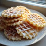 A stack of golden brown pizzelle cookies lightly dusted with powdered sugar, resting on a white plate near a window.