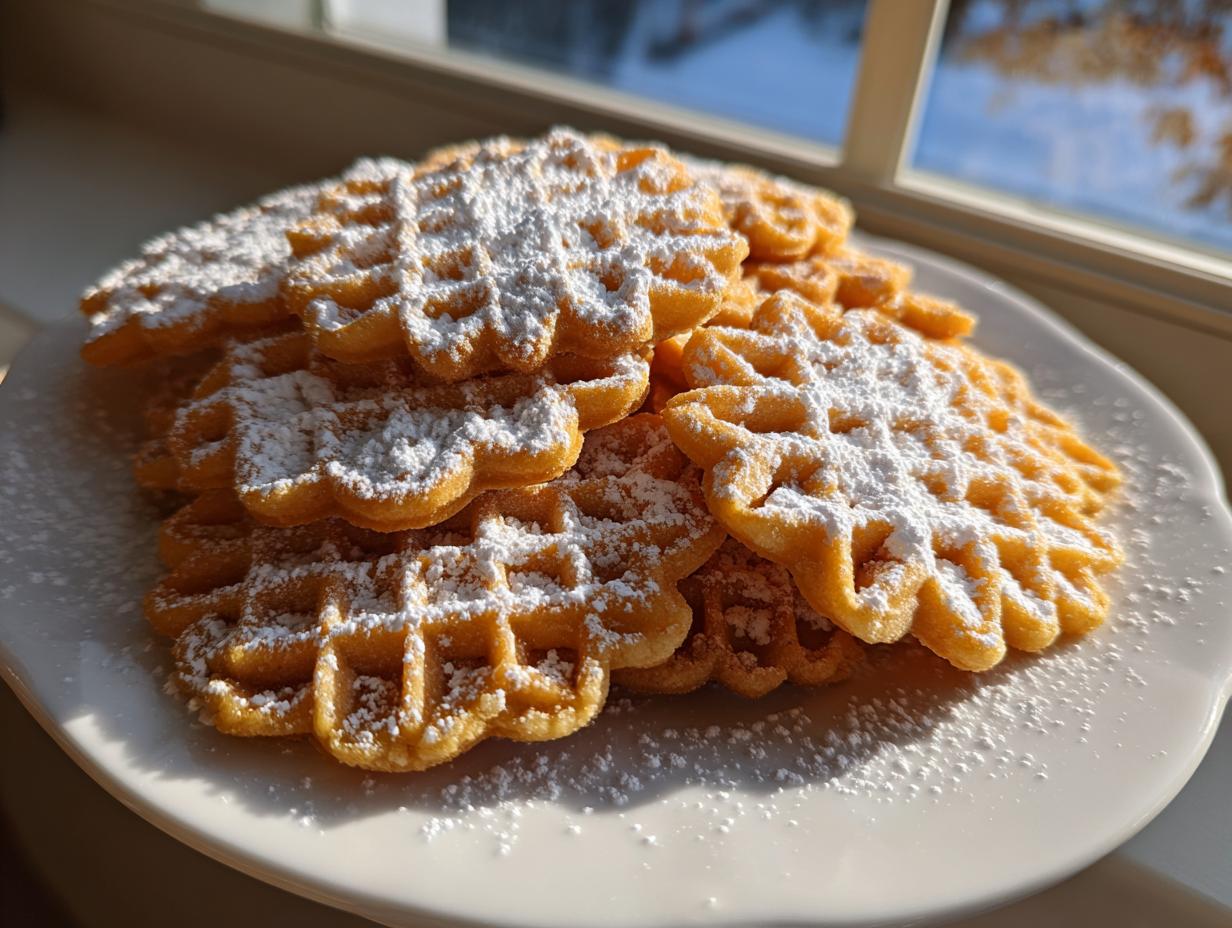 A stack of golden brown pizzelle cookies dusted heavily with powdered sugar, sitting on a white plate near a window.
